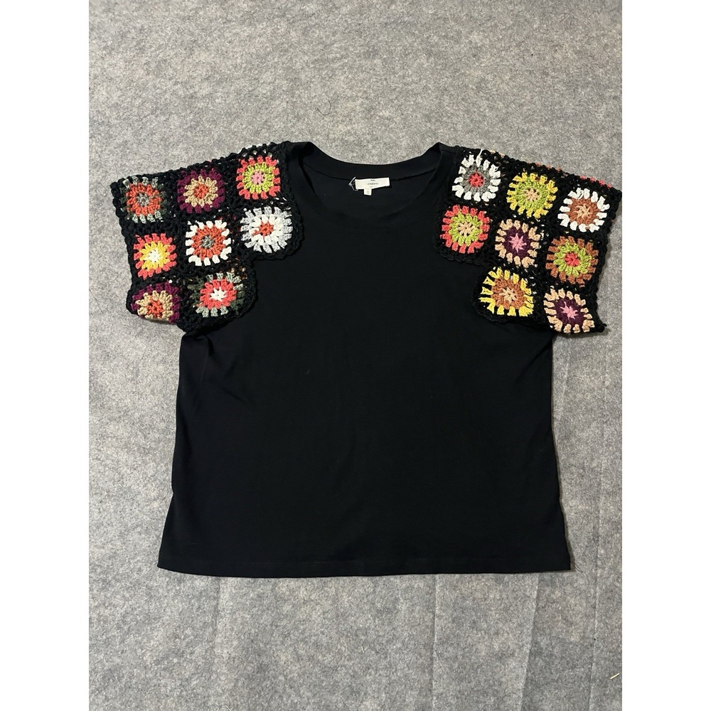 Entro BOHO Womens Size S Black Floral Crochet Colorful Short Sleeve Top 777